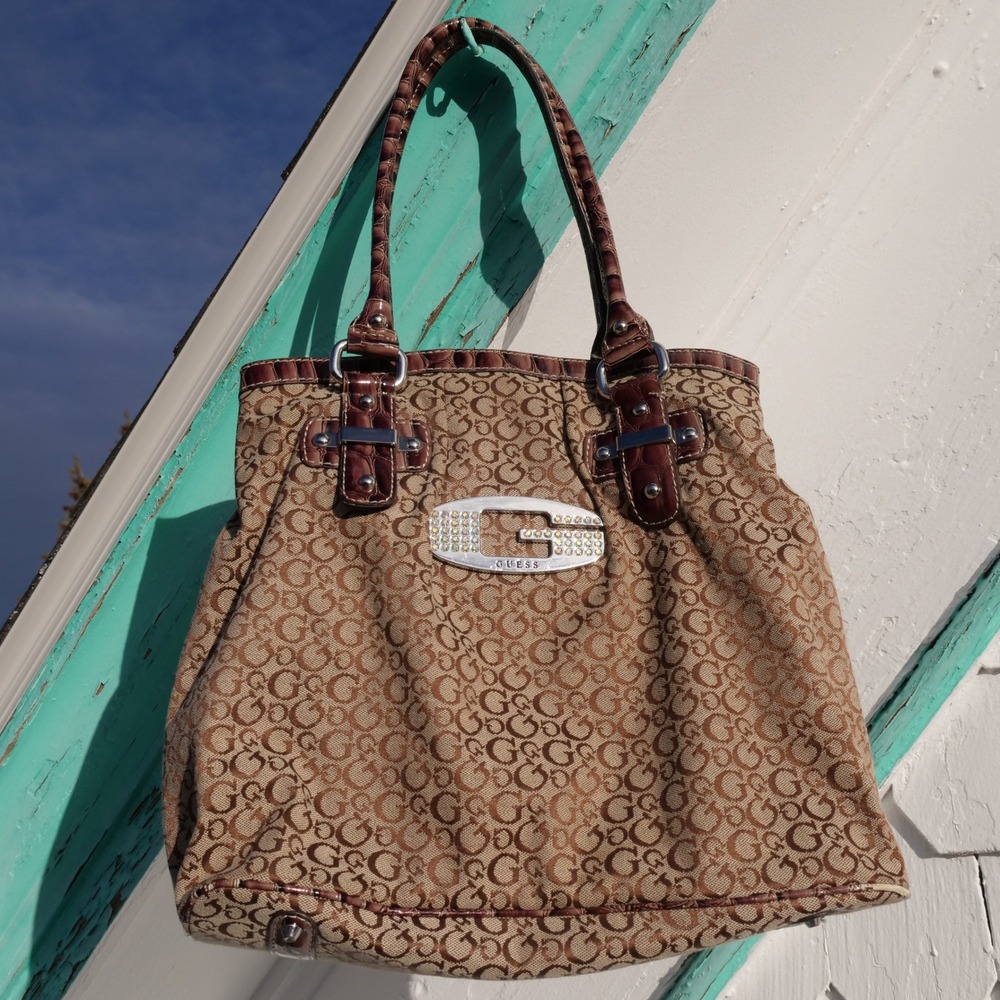 Y2K Guess Tansy Mocha canvas and faux leather shoulder tote bag